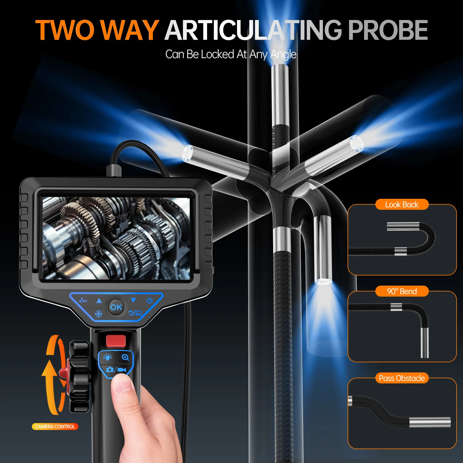 5inch Two-Way Articulating Borescope with Light 5.5mm Articulated Snake Camera 2MP Endoscope Inspection Camera 3.3FT Semi-rigid