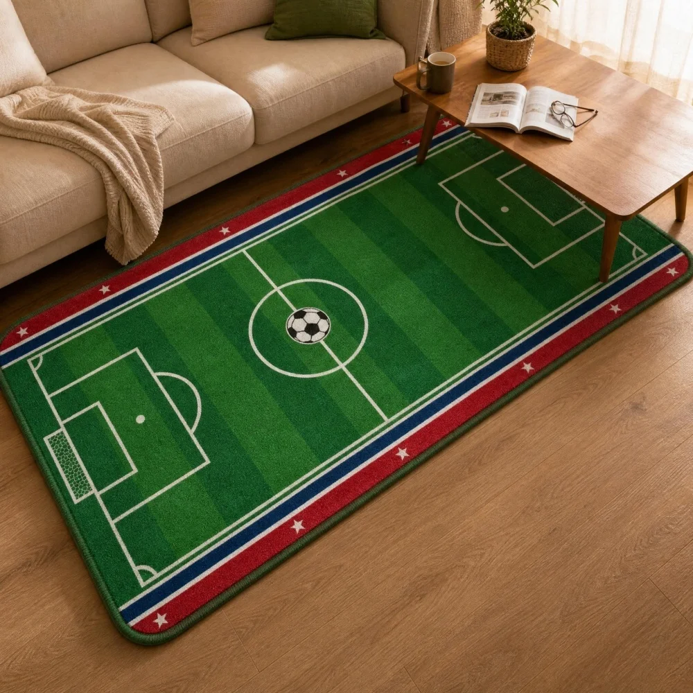 Soccer Field Print Flannel Runner Rug, Sports Theme Non-Slip Floor Mat, Kids Boys Bedroom Playroom Living Room Decor Carpet