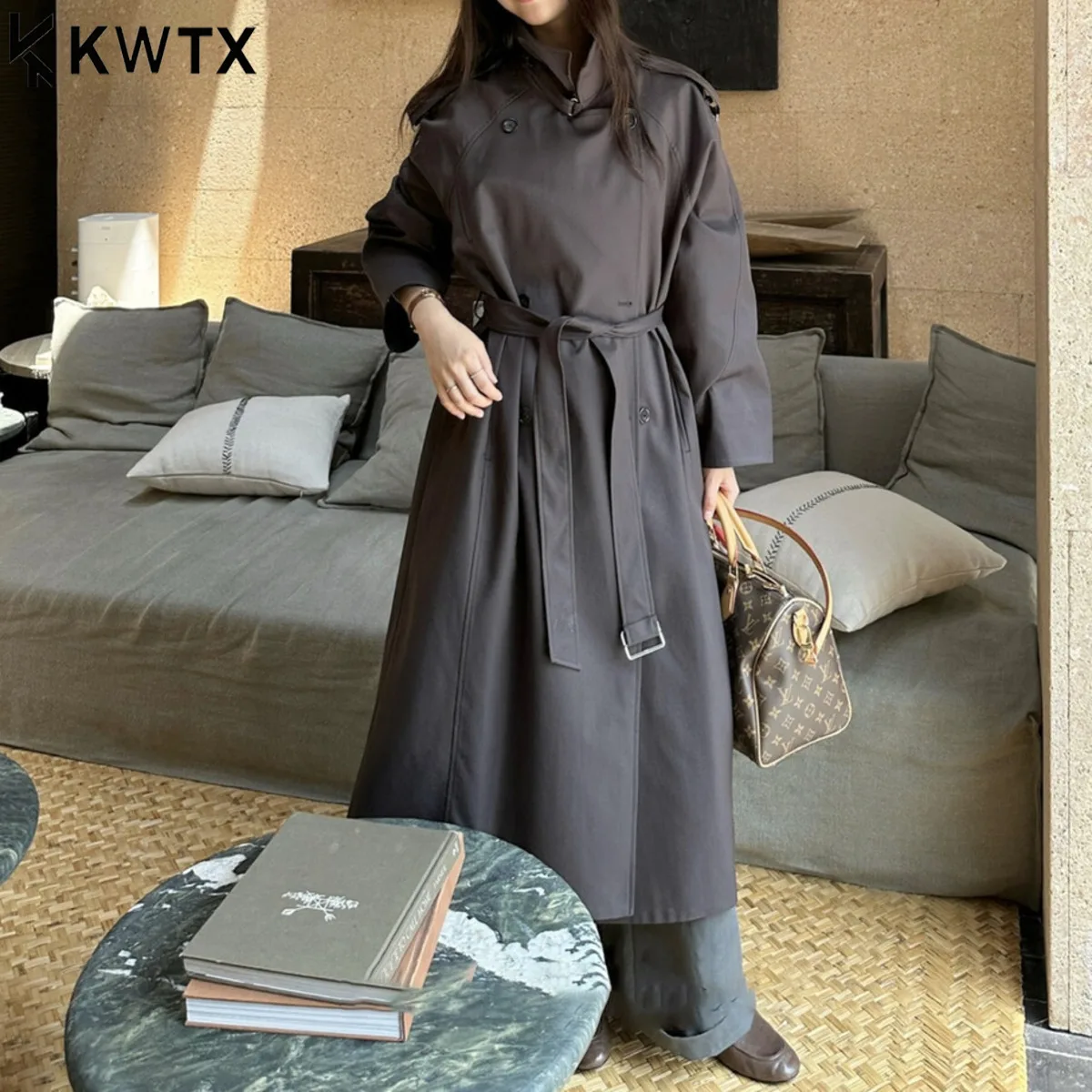 

KWTX 2025 New Elegant Trench Coat For Women Double Breasted Belted Casual Oversize Jacket Mid-Long Chic Fall Outerwear Coat