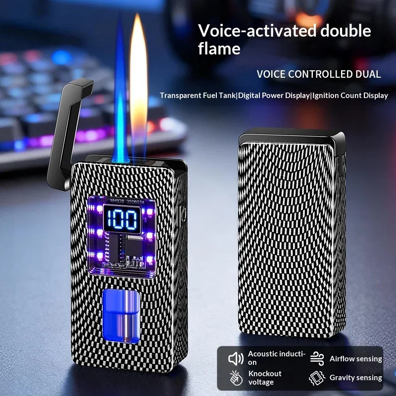

New 2025 Intelligent Voice Controlled Ignition Dual Flame Butane Gas Lighter Visual Gas Window Outdoor Portable Electric Lighter