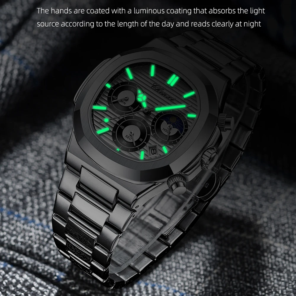 CHENXI Stainless Steel Watches for Mens Creative Fashion Luminous Dial with Chronograph Clock Male Casual Quartz Wristwatches