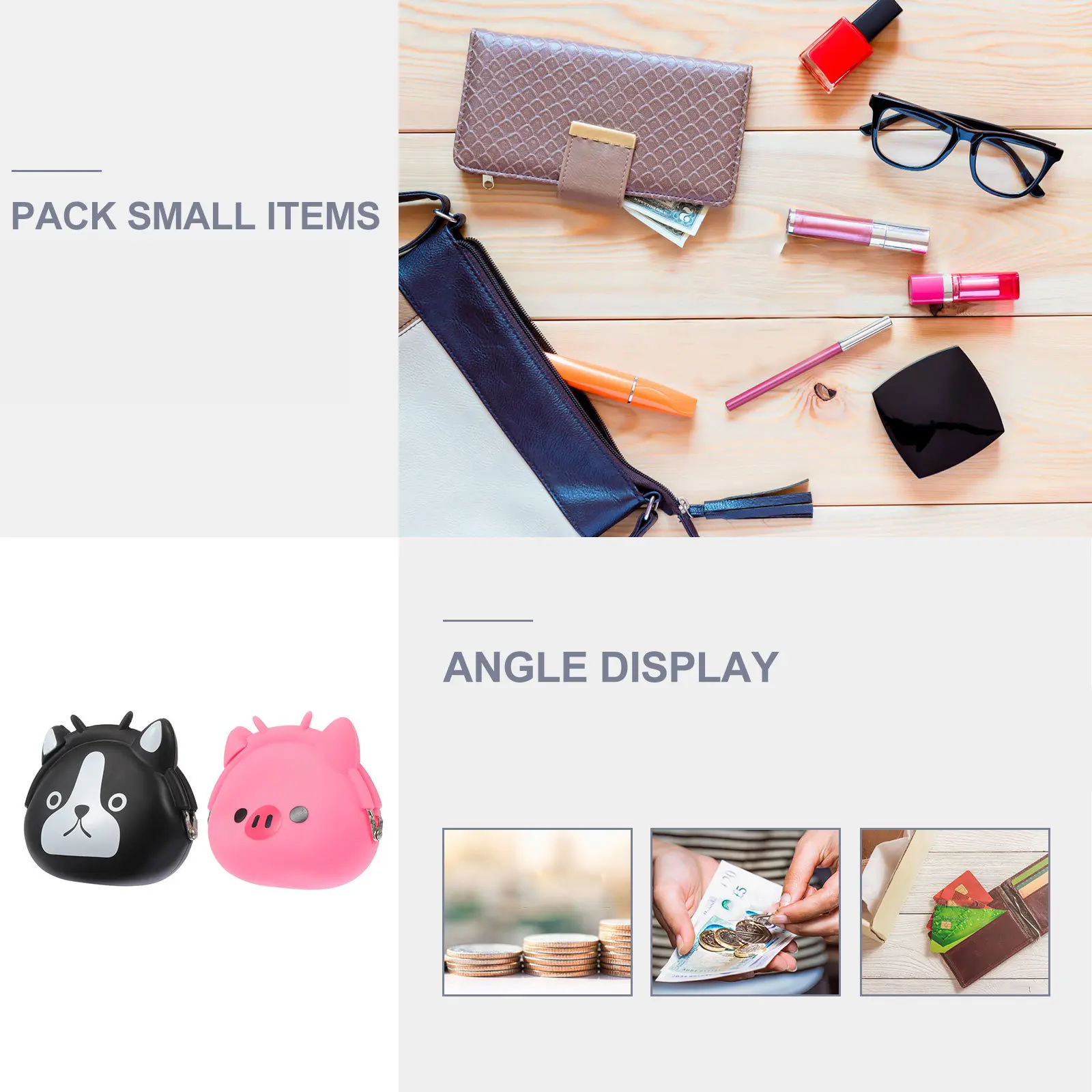 

2Pcs Animal Clips Key Bag Silicone Coin Purse Cartoon Wallet Durable Cute Holiday Gift Silicone Coin Cartoon Change Pouch