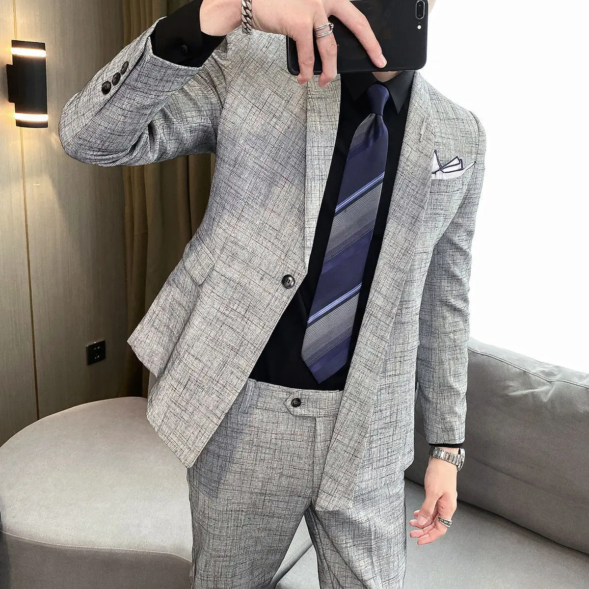 Asymmetry Blazer 2021 Spring Blazer High Quality Personalized Lattice Suit Wedding Dress Two Piece Men Tuxedo Suit Smoking Uomo