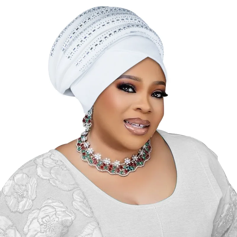 

African Auto Gele Headtie Diamonds Turban Cap Cross Hijab Hat for Women Muslim Bonnet Turbante Head Wrap Nigeria Wedding Party
