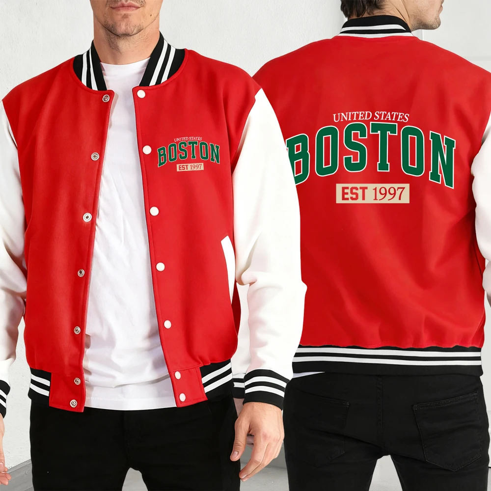

United States Boston Est 1997 Mens Jacket Fashion Loose Baseball Jersey Soft Casual Streetwear Autumn Fleece Male Retro Clothing