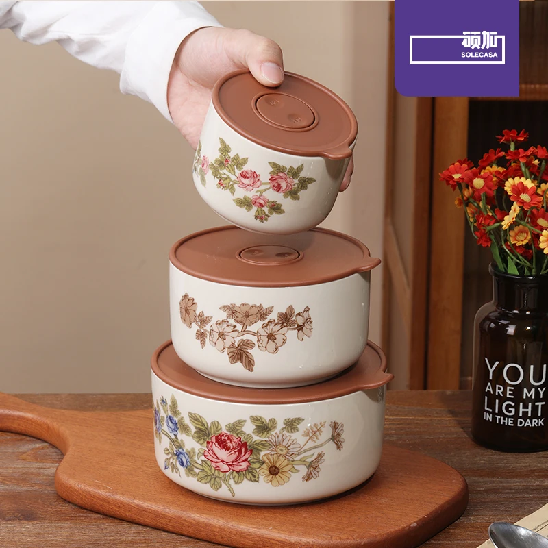 SOLECASA Elegant Rose Pattern Ceramic Lunch Box, Leak-Proof Bento Container for Work, Picnic & Fresh Food Keeping