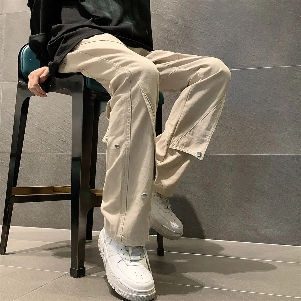 American Style High Arcade Fashion Jeans Men'S Design Sense Solid Color Breasted Spring Autumn Casual Loose Fitting Trend Pants