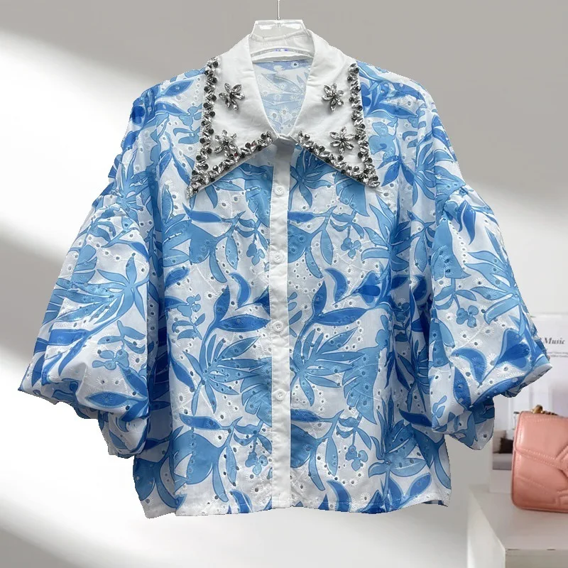 프렌치 스타일 패셔너블 디자인 헤비 엠벨리시드 다이아몬드 프린트 하이 웨이스트 셔츠 여성용 새로운 우아한 슬림 핏 다용도 탑