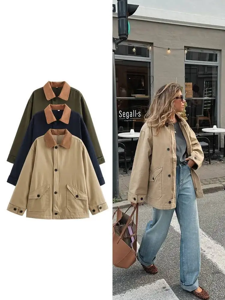 

Women's Patchwork Bump Colour Design Single Breasted Lapel New Casual Retro Style Long Sleeve Warm Cotton Jacket