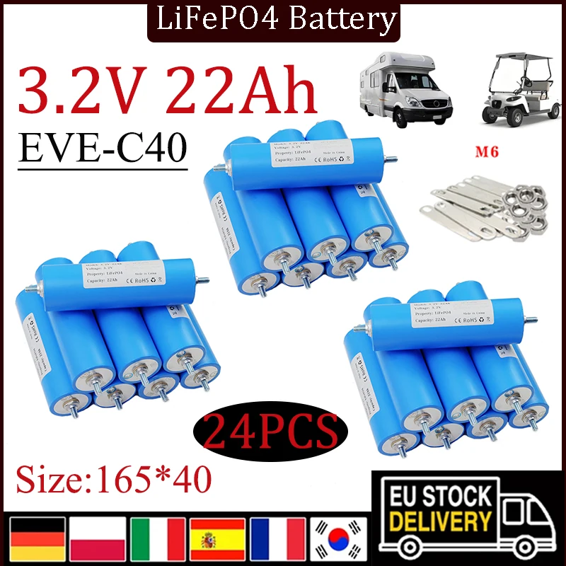 24PCS Lifepo4 Grade A Cells for Electric Bicycle, 3.2V, 22Ah, 5C Discharge 12V, 24V, 36V, 48V Solar Scooter Tricycle Power Tools