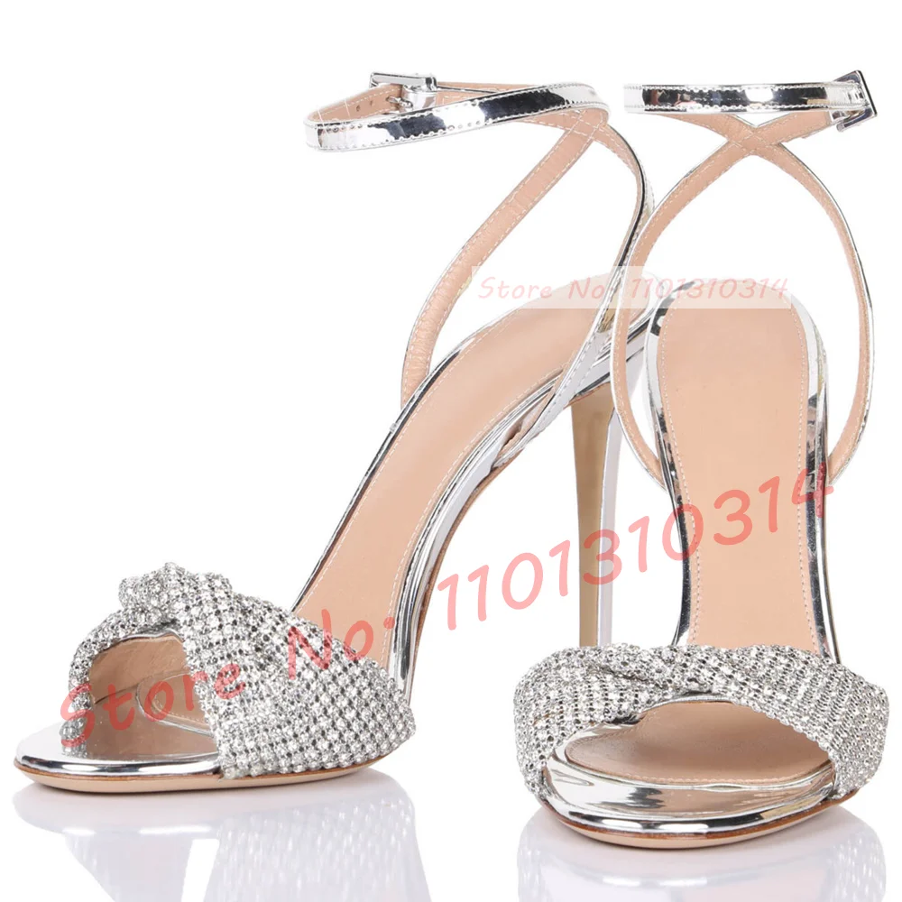 Mirrored Silver Rhinestones Sandals Women Luxury Ankle Strap Casual High Heels Shoes Female Summer Shiny Leather Evening Sandals