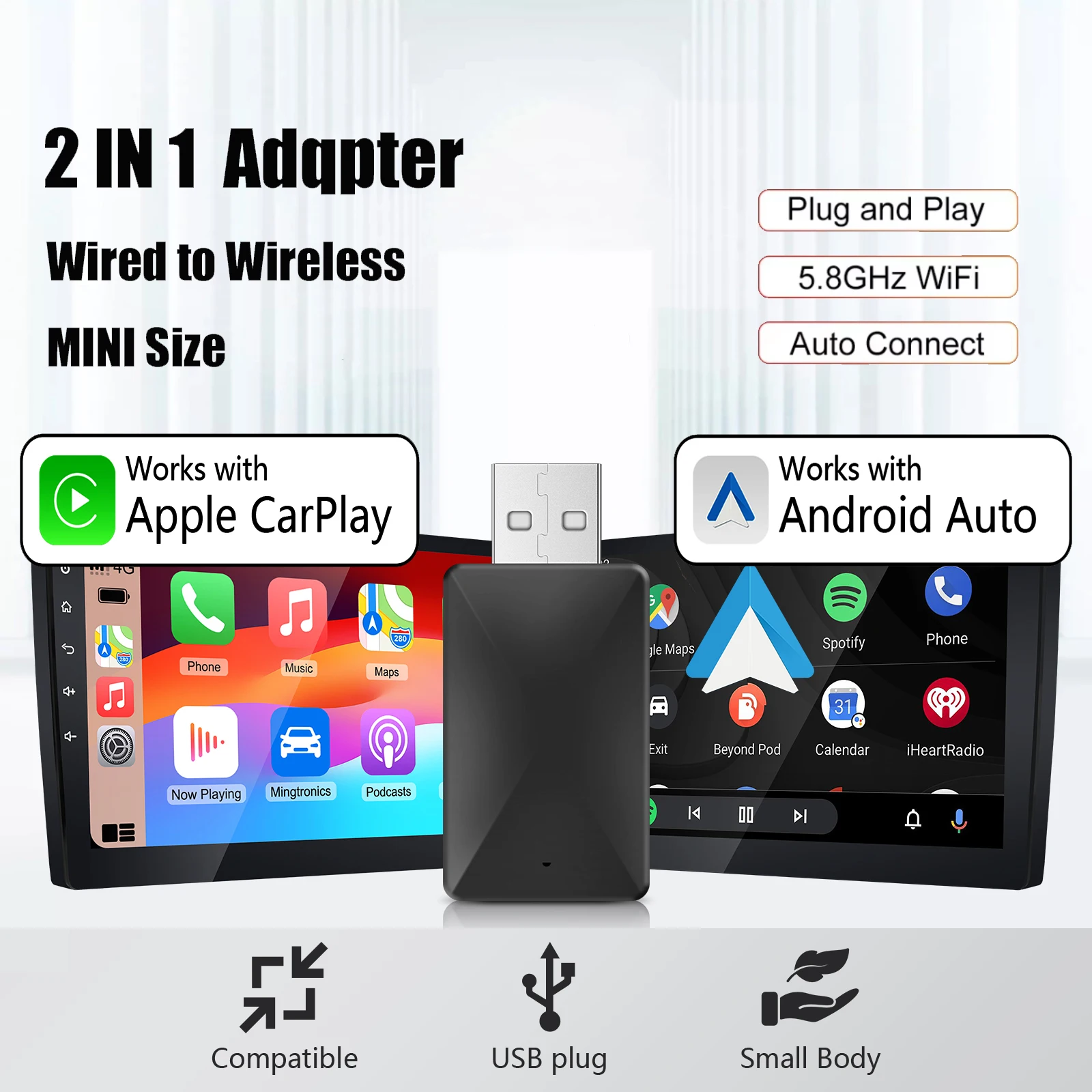 2026 Mini Design 2in1 Wireless CarPlay Android Auto Adapter 5.G-WiFi & BT Low Latency Plug & Play for Wired OEM Cars OTA Update