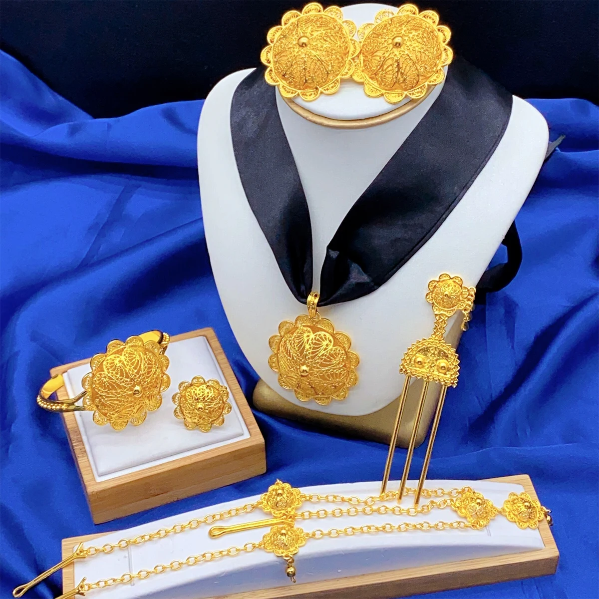 ANIID Ethiopian Flower Designer 6pcs Necklace Jewellery Set For Lady Wedding Nigerian Luxury Golden Jewelry Sets Banquet Gifts