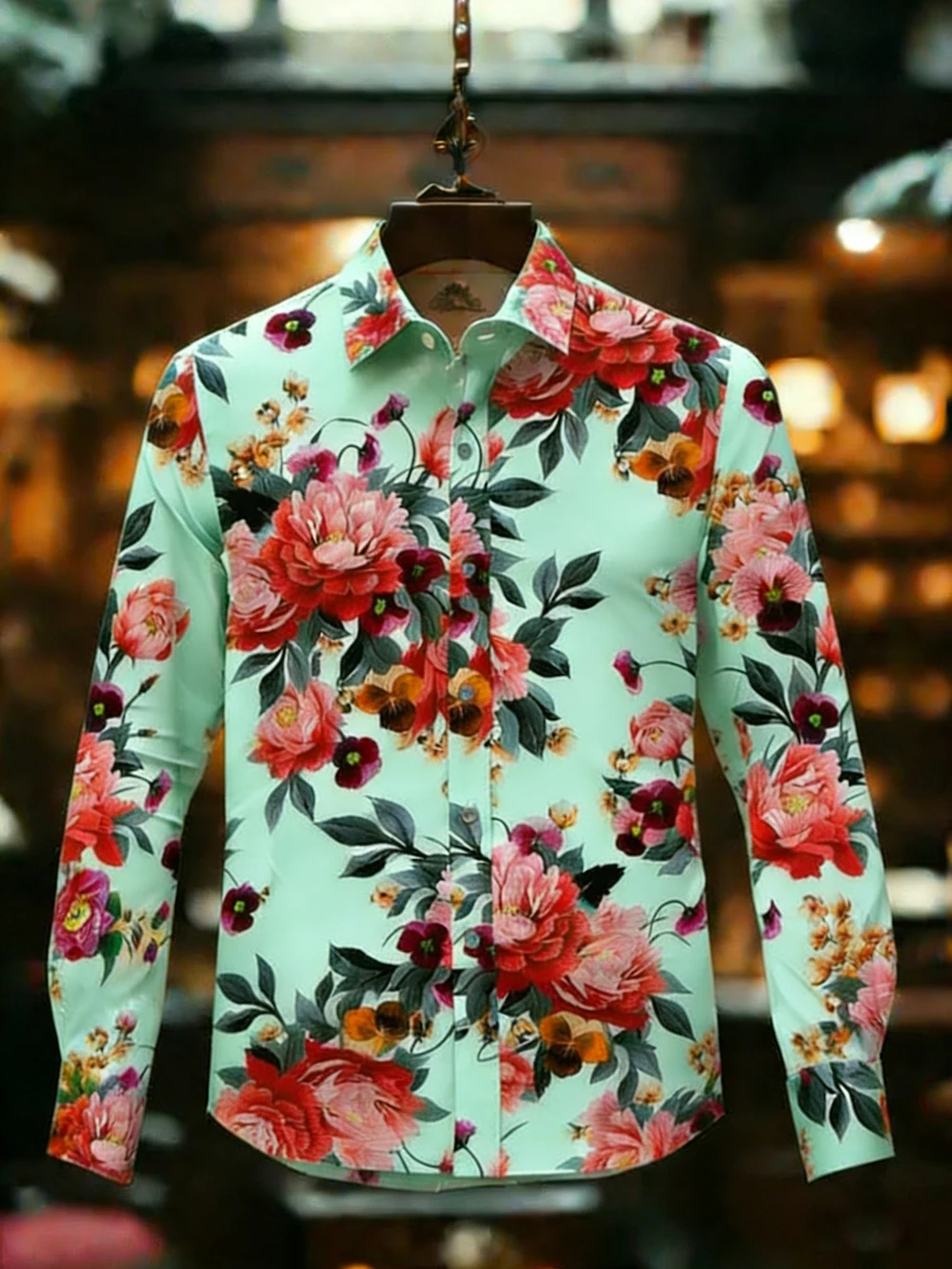 Camisa de Manga Larga con Cuello para Hombre, Estampado 3D de Alta Definición con Diseño de Plantas y Flores, Camisa Hawaiana para Vacaciones y Eventos Sociales