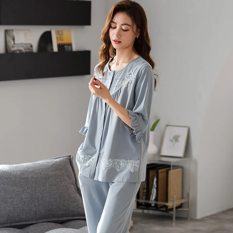 Women's Pajamas Flower Lace Stitching Home Suit Soft Cotton Pyjamas Female Three Quarter Sleeves Long Pants Cardigan Sleepwear