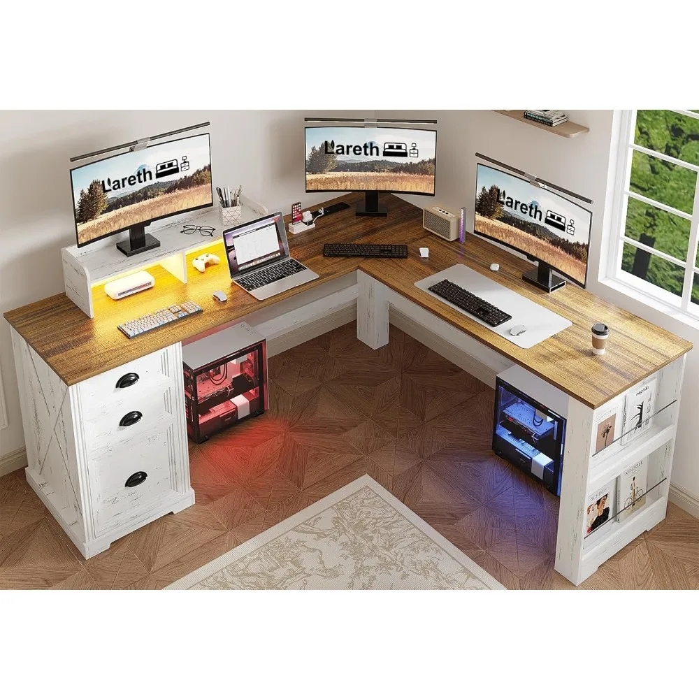 

L-Shaped Desk with Monitor Stand, Farmhouse Computer Desk with LED Light and Power Outlet, Executive Desk with File Cabinet
