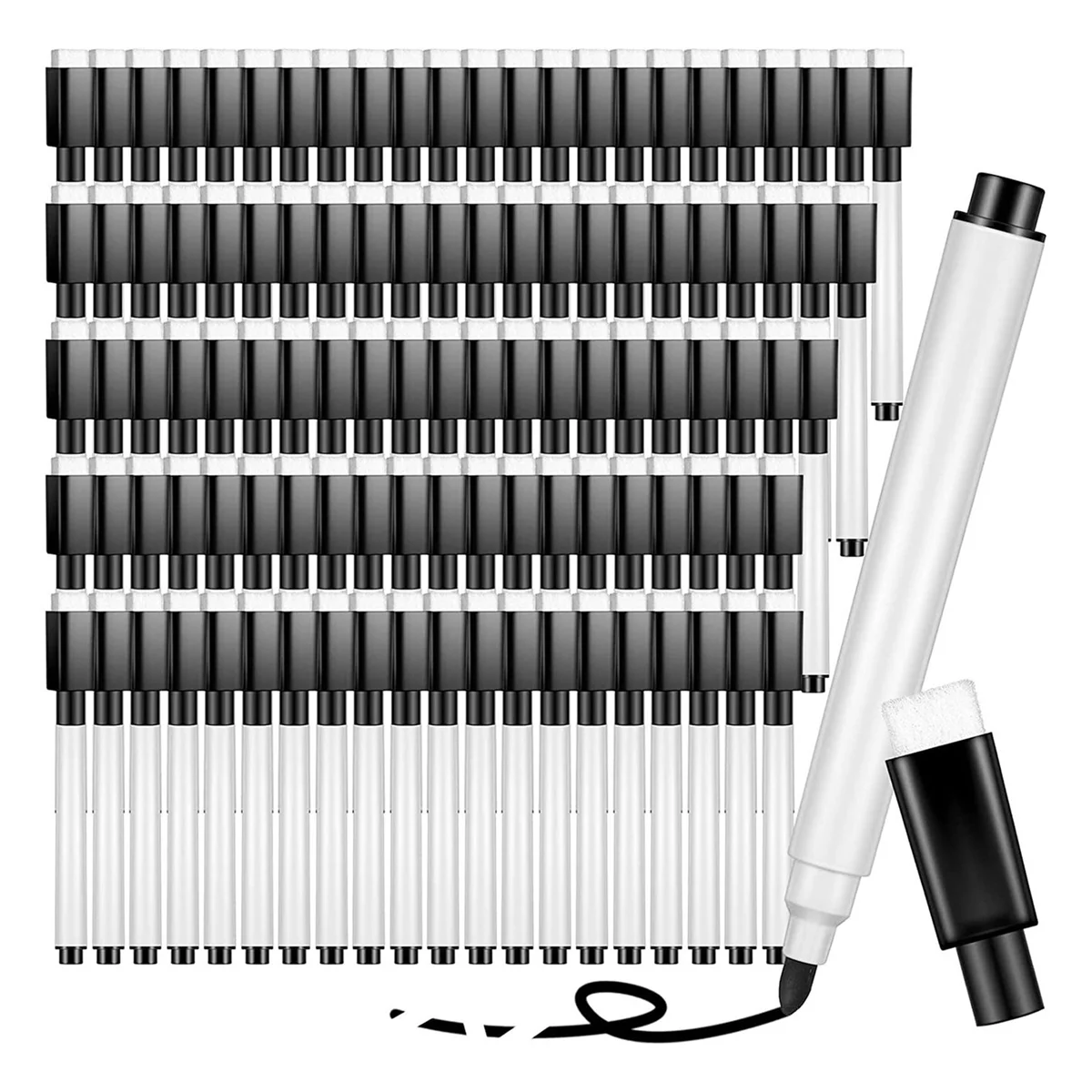 100 Stück trocken abwischbare Marker, Whiteboard, schwarze trocken abwischbare Marker mit Gummikappe, feine Spitze, trocken abwischbare Marker SSQ