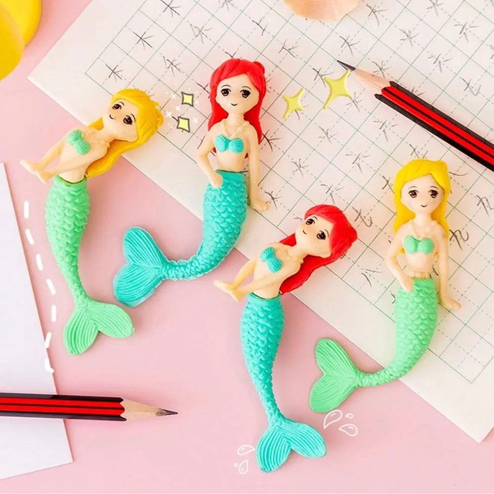 Cartoon 2pcs Students Traceless Stationery School Supplies Mermaid Shape Eraser Correction Supplies Wiping Eraser Pencil Eraser