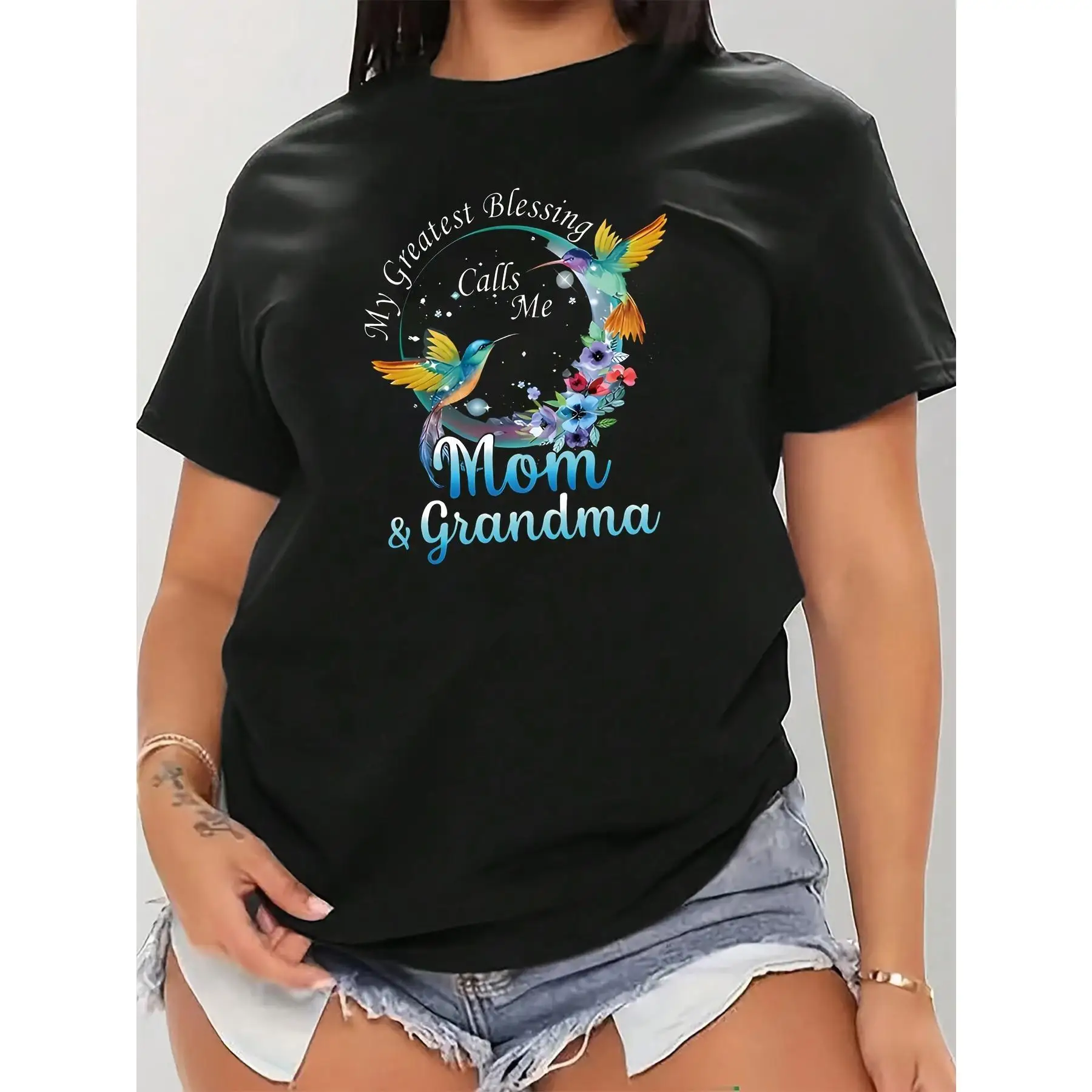 

Women'S "Mom & Grandma" Hummingbird Graphic T-Shirt - Casual Black Polyester Blend Tee with Colorful Floral Print Design