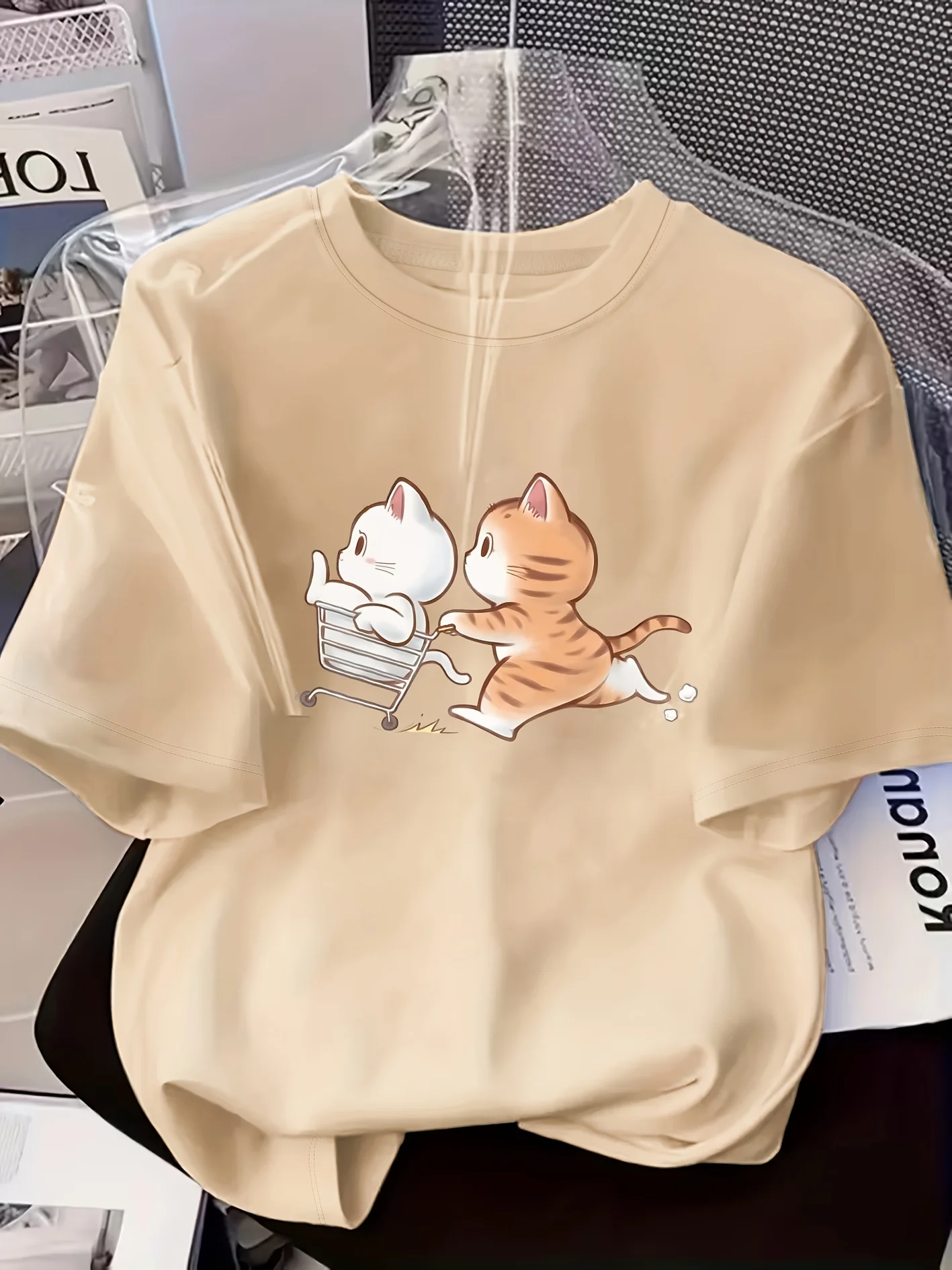 Ladies' Beautiful Short Sleeved Cartoon Cute Orange Cat Pushing White Cat Interactive Elegant Women's Printed Fashion Design