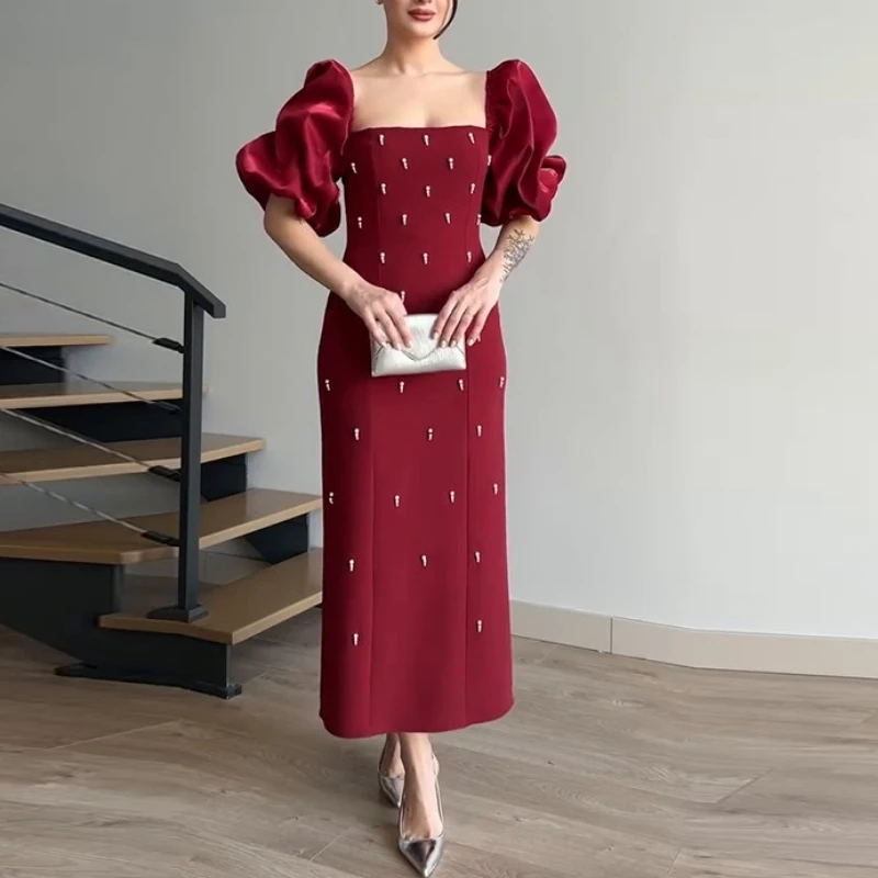 

Long Dress Women Dresses Square Collar Vestidos Print Dot Streetwear Puff Sleeve Elegant Splice Y2k High Waist Slim Fit 2025
