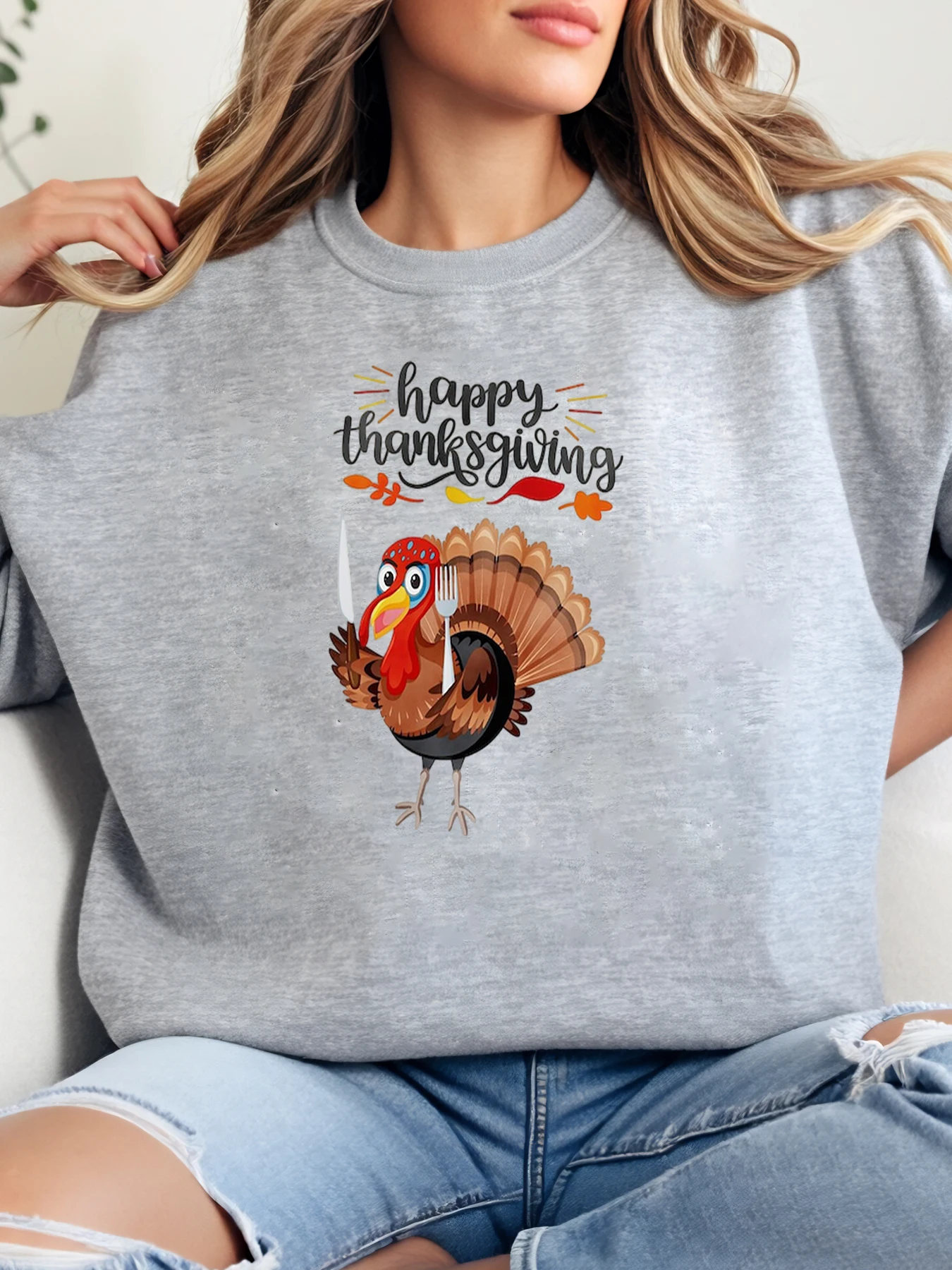 سويت شيرت مطبوع عليه تركيا وسعيد الشكر لعيد الشكر للسيدات ملابس خريفية غير رسمية باللون الرمادي مقاس كبير #1