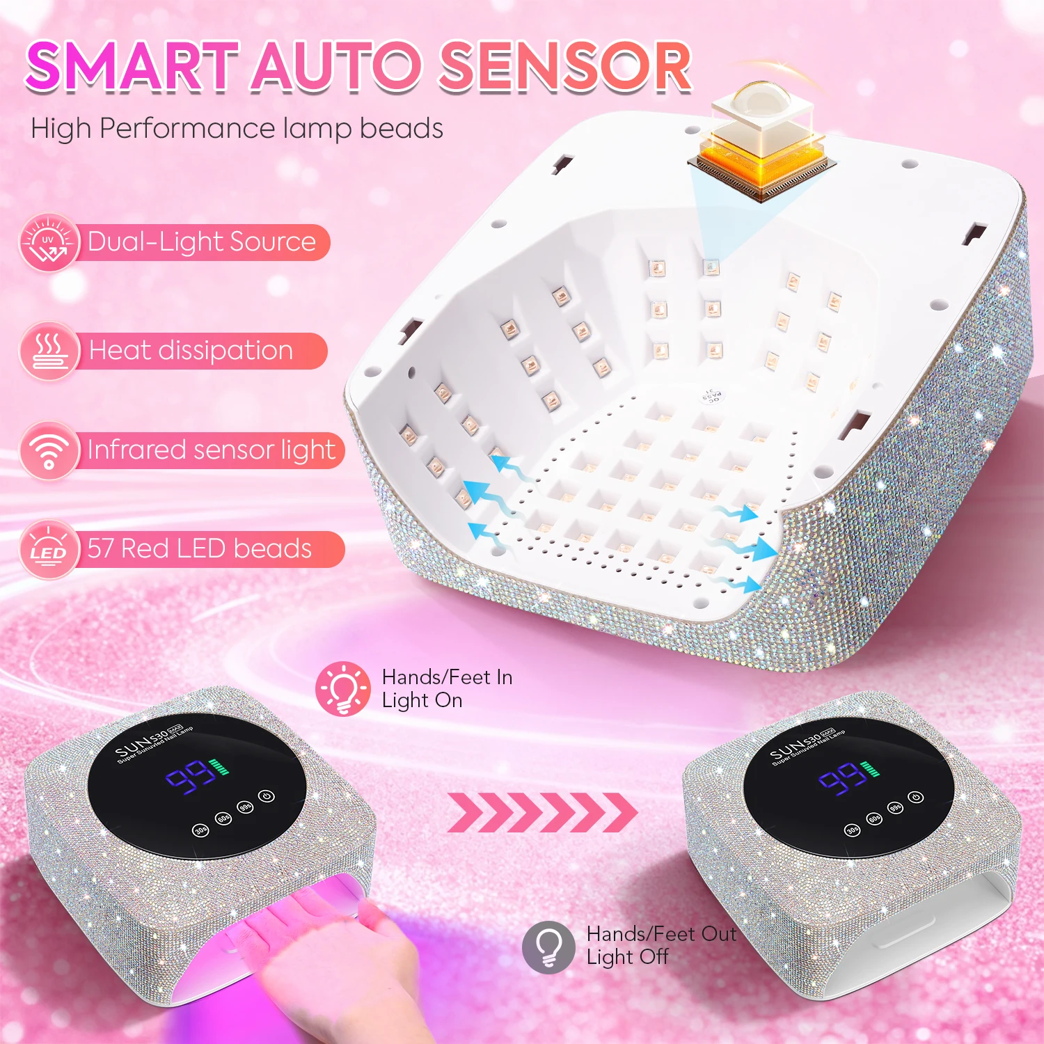 DianaBeauty UV LED Nail Lamp Rechargeable Cordless Nail Dryer with Rhinestone and 3 Timer Settings UV Light for Manicure Tools