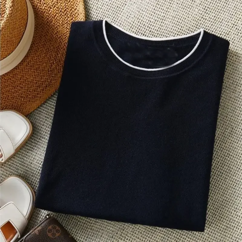 Women Spring Summer Thin Knitted Sweater Solid Casual O-Neck Basic Loose Soft Tops Harajuku Half Sleeve Navy Blue T Shirts