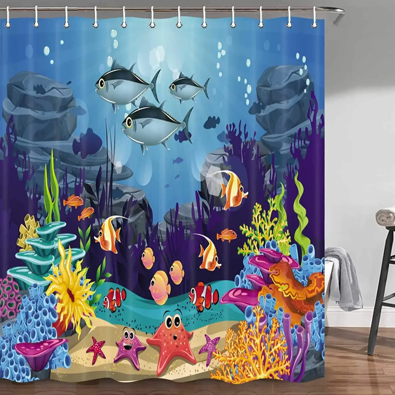 Blue Ocean Fish Kids Shower Curtains Under The Sea Tropical Turtle Home Bathtub Decor Children Bathroom Curtain Set With Hooks