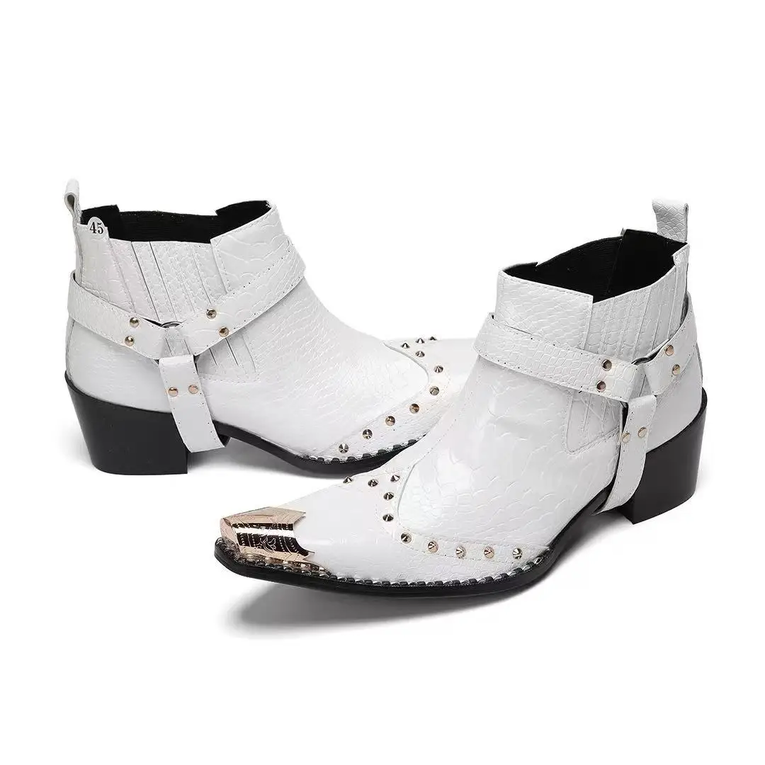 Schwarze Herren-Stiefeletten aus Schlangenleder mit Nietenbesatz, Blockabsatz, auffälliges Design, modische Schuhe für Bars, Bühnen, Streetwear und besondere Anlässe. – Detail 22