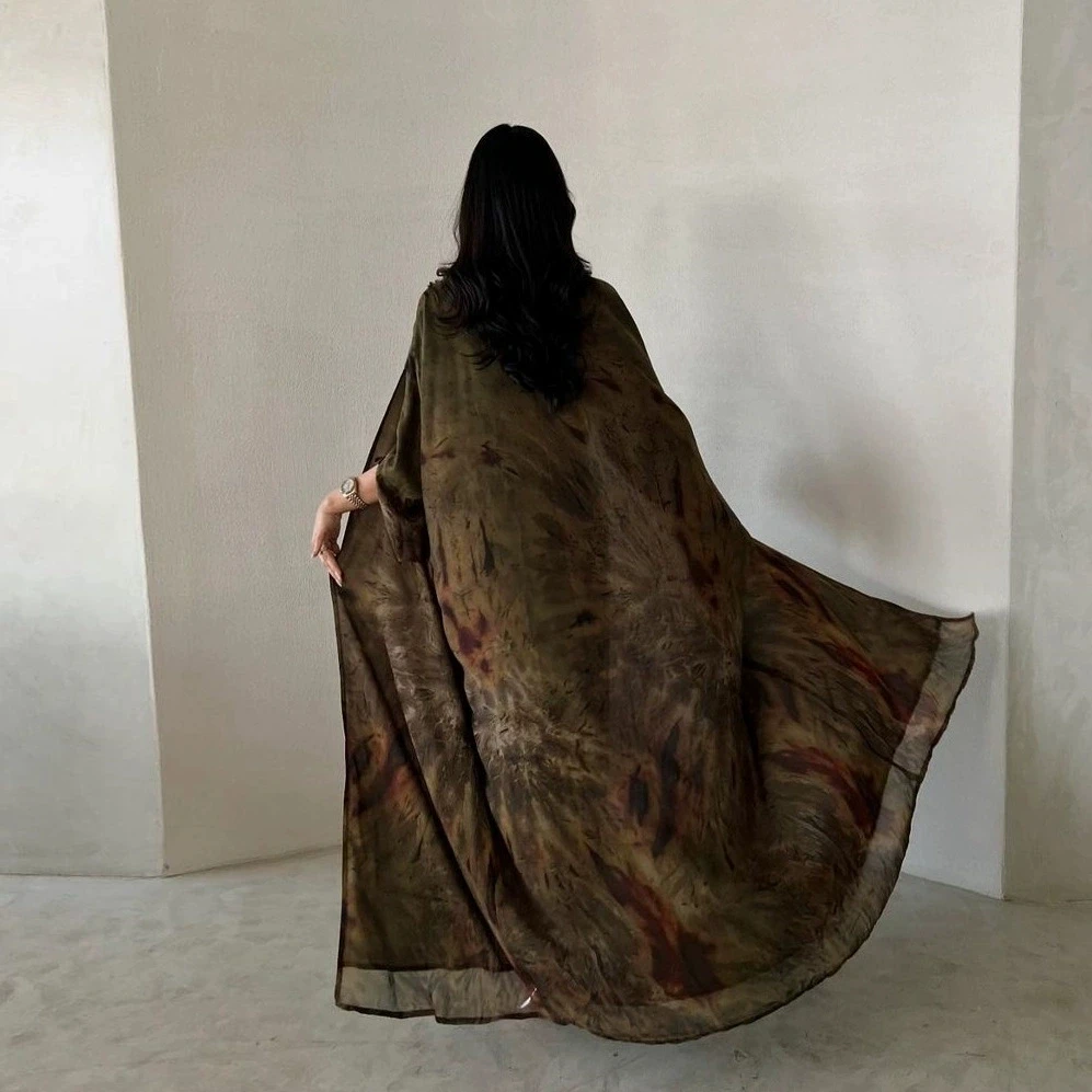 Saudi Arabia Ramadan Islamic Modest Coat Chiffon Printed Fashion Robe Outer Cloak Dress Outer Wear Muslim Dubai Abaya