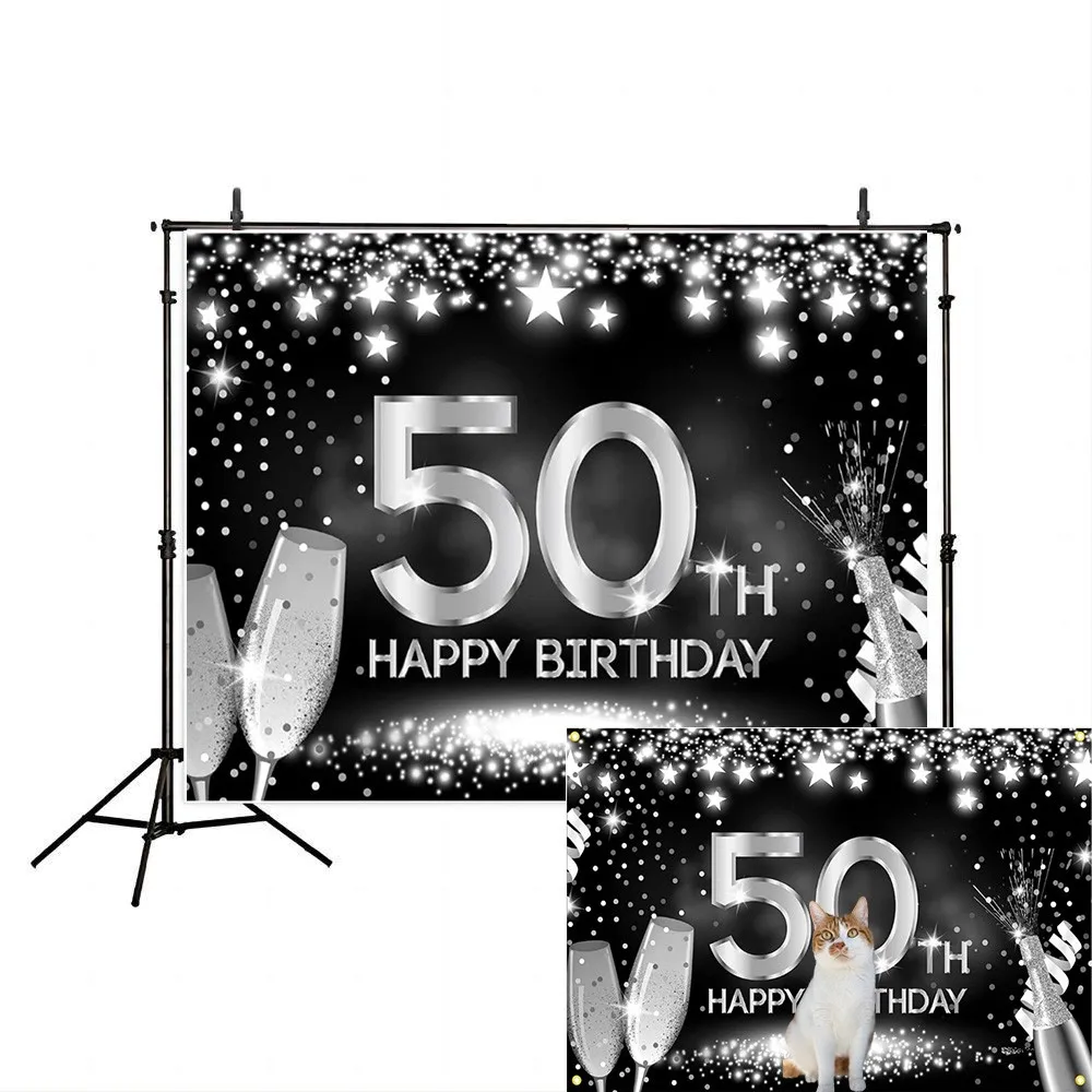 Happy 50th Birthday Banner Backdrop Glitter Silver Black Champagne Glasses 50 Years Old Background Party Decoration Women Men