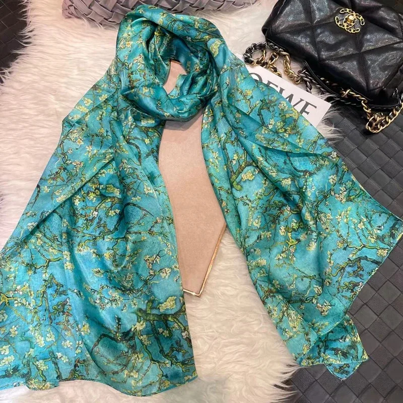 Mulberry Silk Scarf Shawl Brand Plum Bossom Design Blue Green Summer Beach Silk Shawls Scarfs Fall Winter Neck Head Scarf