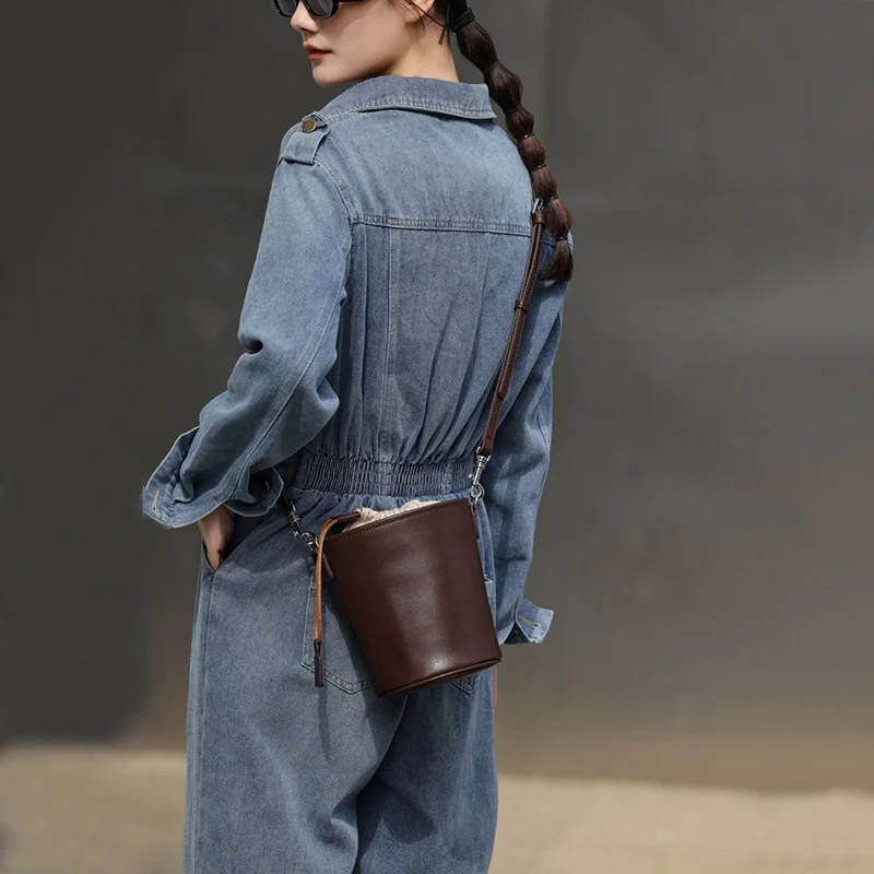 2024 Summer New Fashion Cylinder Bag for Women Split Leather Mini Underarm Shoulder Bag Lady Small Cross-body Messenger Handbag