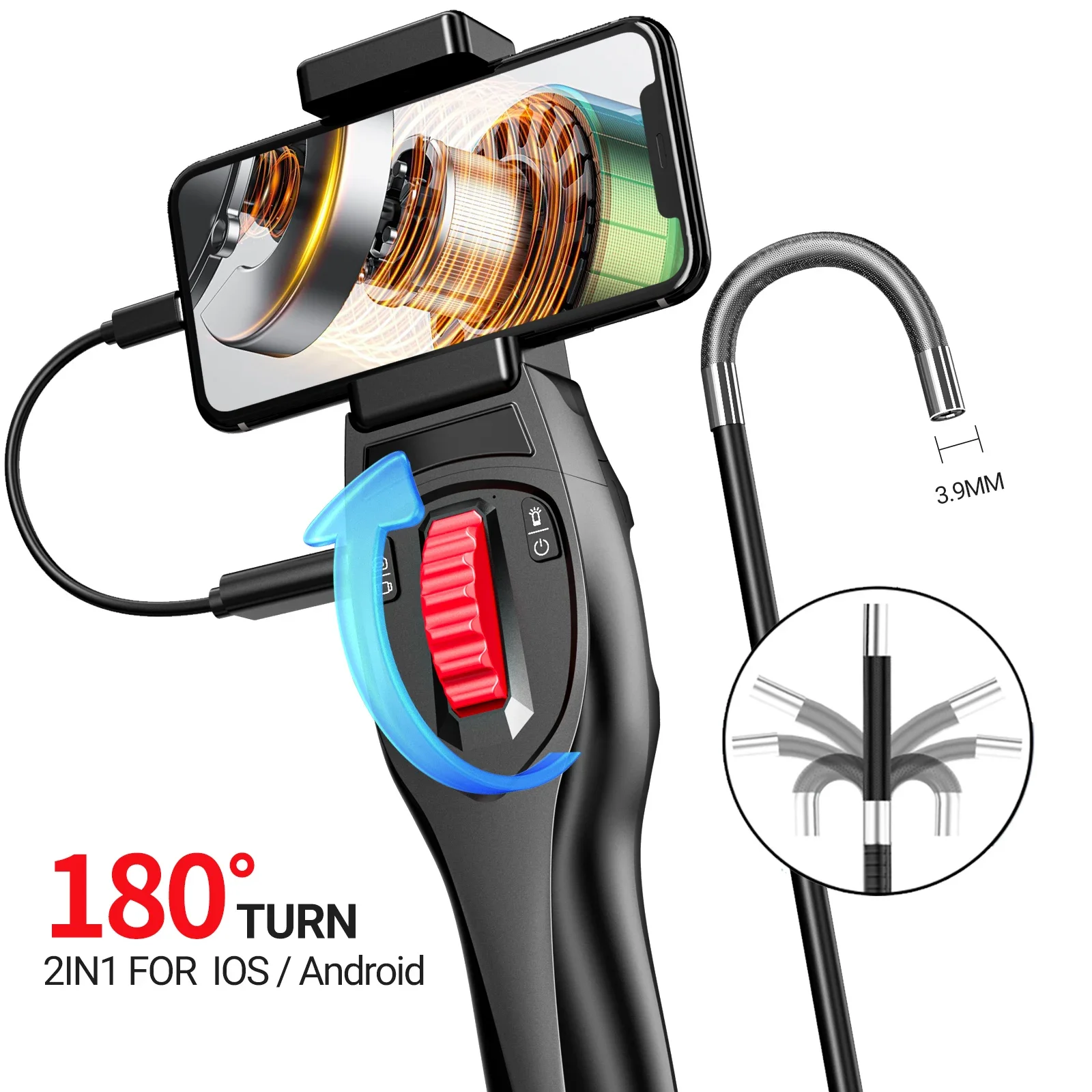 3,9 mm tweewegendoscoop scharnierende industriële Borescope Snake-camera met licht 360 ° Rotatie rioolcamera Ondersteuning Android IOS