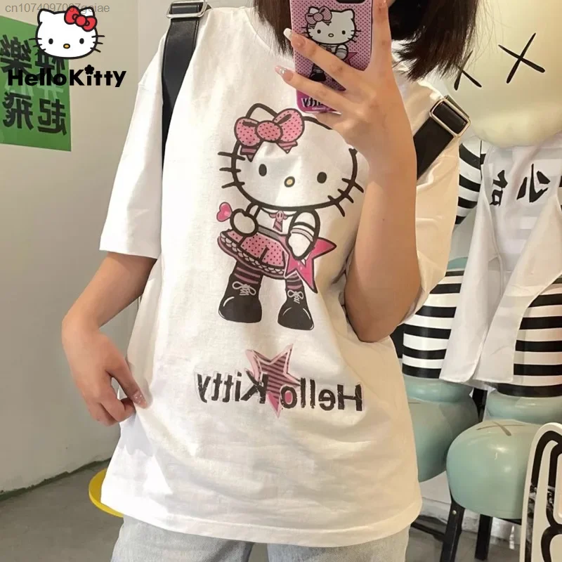 

New Cotton Cute Rock Guitars Hello Kitty Printed Trendy Tops for Women and Men, Y2k Punk Star Summer T-shirt Loose Clothes