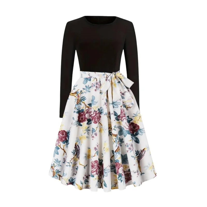 

Autumn new elegant party printed skirt with waist cinching design and large swing long dress