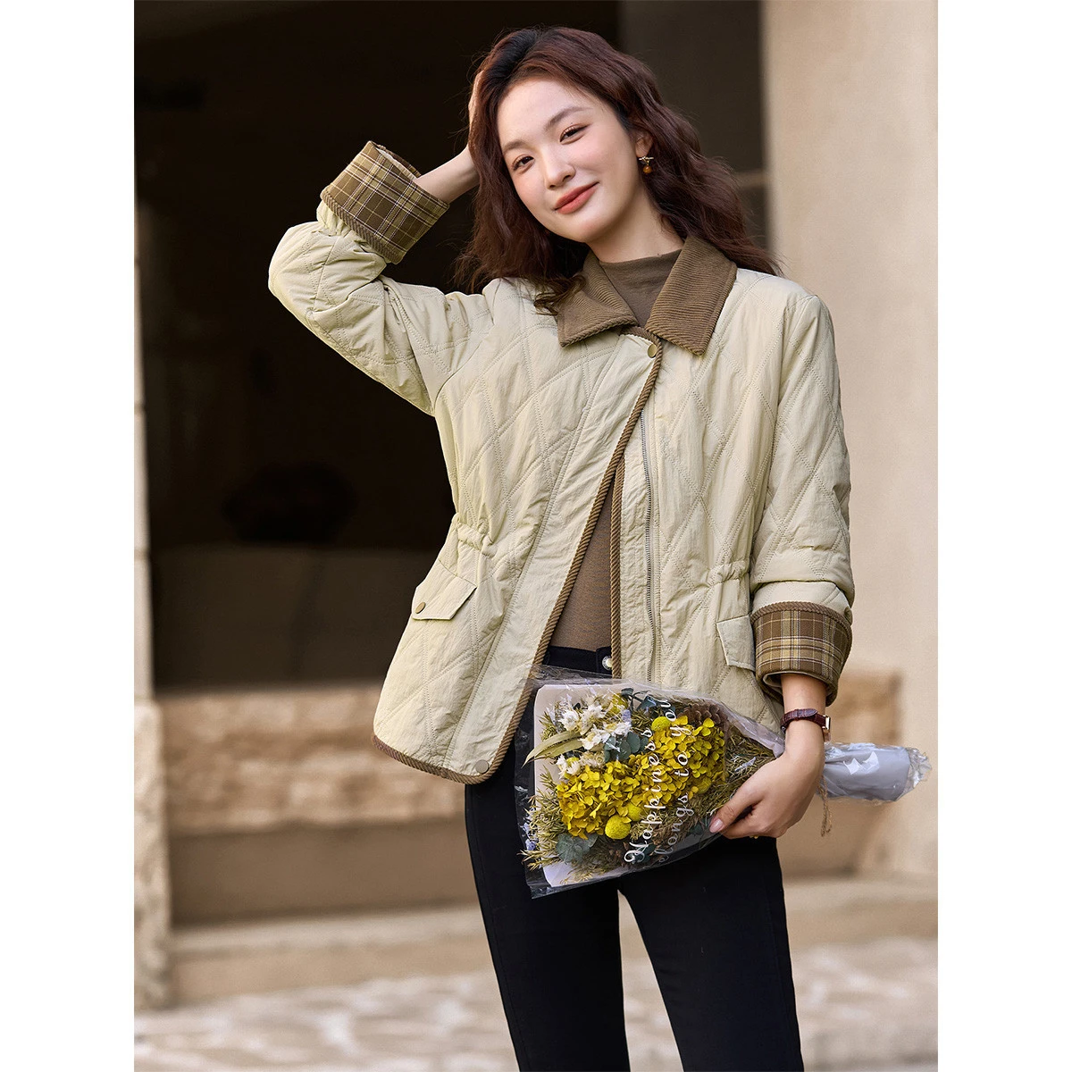 VIMLY New Women's Jackets Contrast Color Plaid Splice Fleece Lined Parkas Lapel Collar Casual Quilted Woman Winter Coats A3397