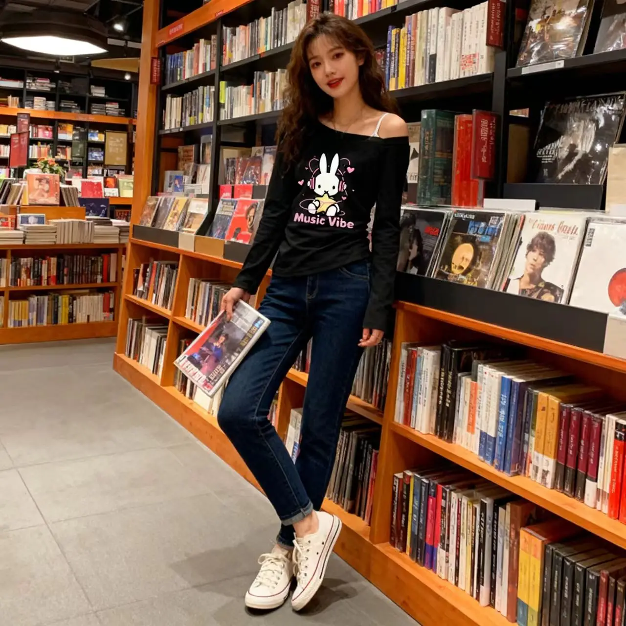 Женская футболка Miffy с открытыми плечами и длинными рукавами весной и осенью, облегающая белая и универсальная короткая футболка с нижним слоем