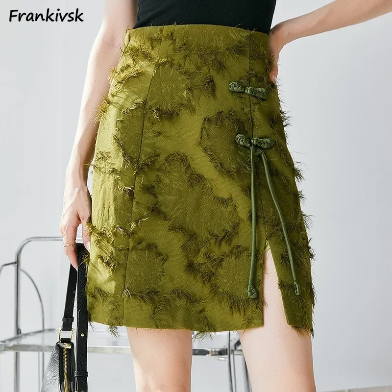 Mini Skirts Women Frog Side-slit Tassel Jacquard High Waist All-match New Chinese Style Fashion A-line Streetwear Vintage Chic