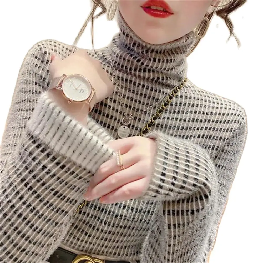 Women's Black White Striped Stretch Pullover Casual Jumpers Female Stripe Long Sleeve Knit Autumn Winter Turtleneck Sweater