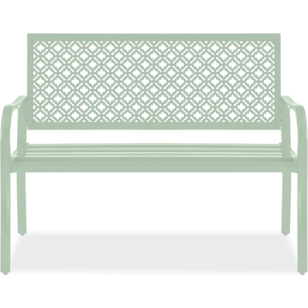 Outdoor Bench 2-Person Metal Steel Benches Furniture for Garden, Patio, Porch, Entryway w/Geometric Backres, 790lb Capacity