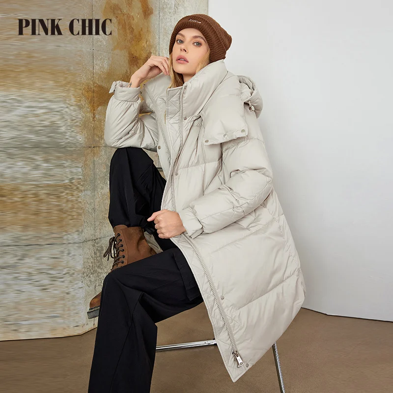 CHIC rosa-parka longa com cadarço com capuz para mulheres, casaco aconchegante e quente, moda feminina casual, inverno, W8258, 2023