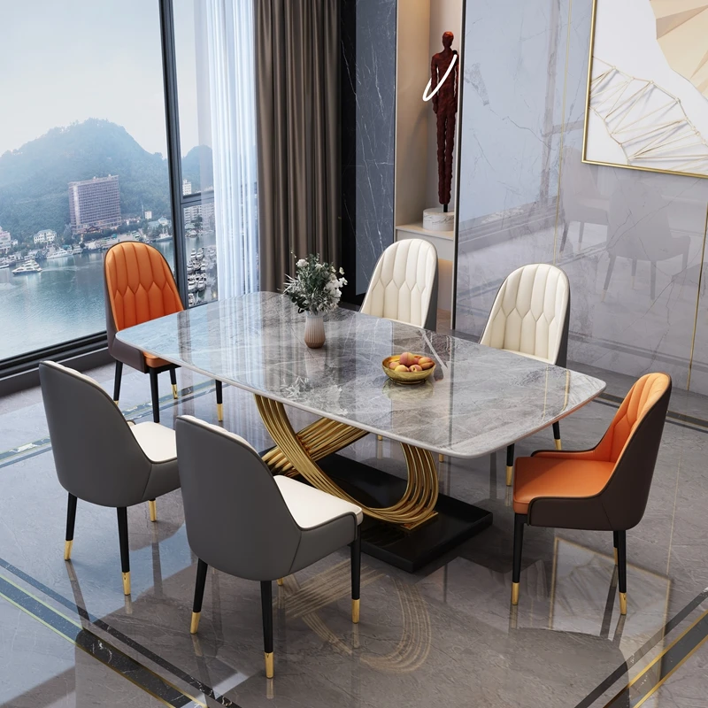 Hanyee Unique Slate Dining Table Set Contemporary Style 6 Chairs Gold Metal Steel Stainless For Living Room Furniture