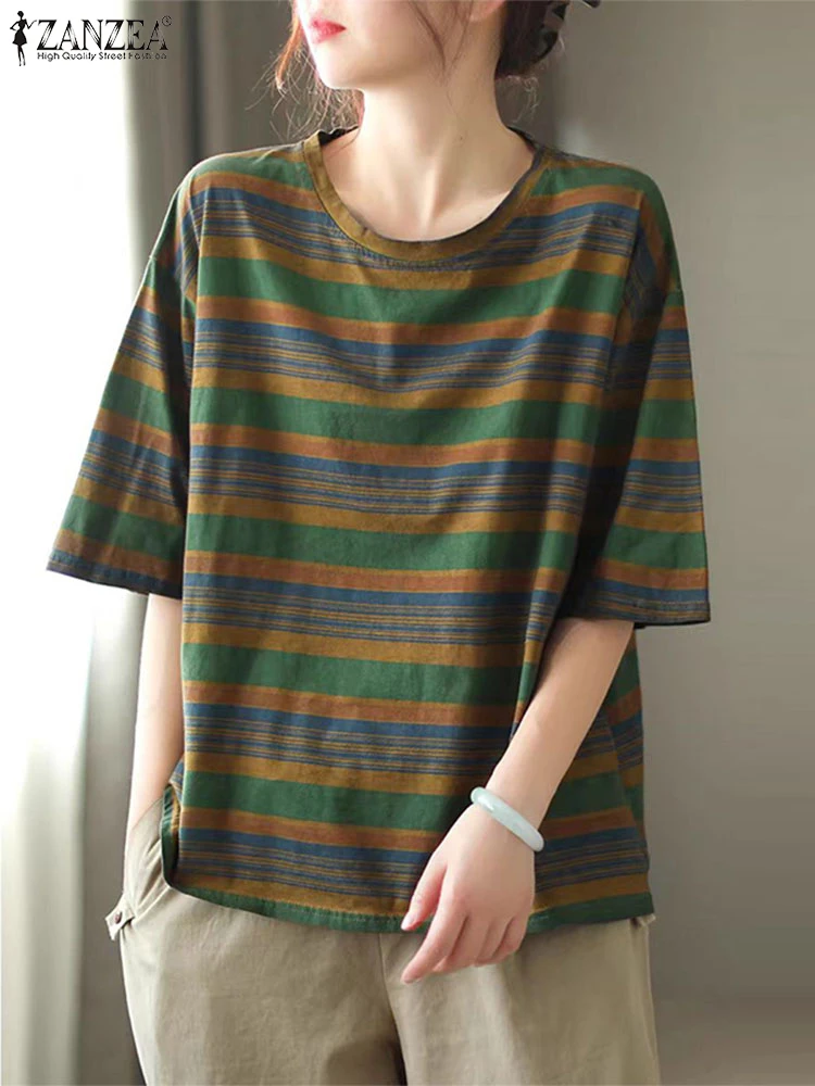 ZANZEA 2024 Summer Korean Fashion Tops Women Retro Colorful Stripe Tees Holiday Half Sleeve Tunic Casual Loose O-neck T-shirt