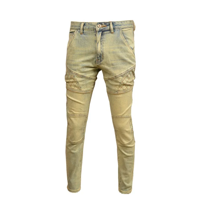 New Men'S Jeans Retro Splicing Fashion Brand Stretch Men'S Pants Slim Straight Leg Nostalgia Blue Biker Denim Pants