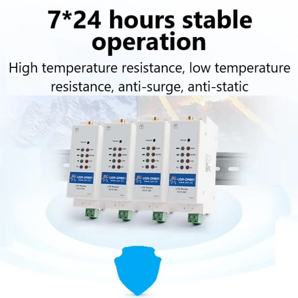 USR-DR801 Cost-effective DIN Rail 4G LTE Cat 1 Modem 9-36V Wide Range Support RS485 Serial Port Built-in 35mm DIN Rail Seat