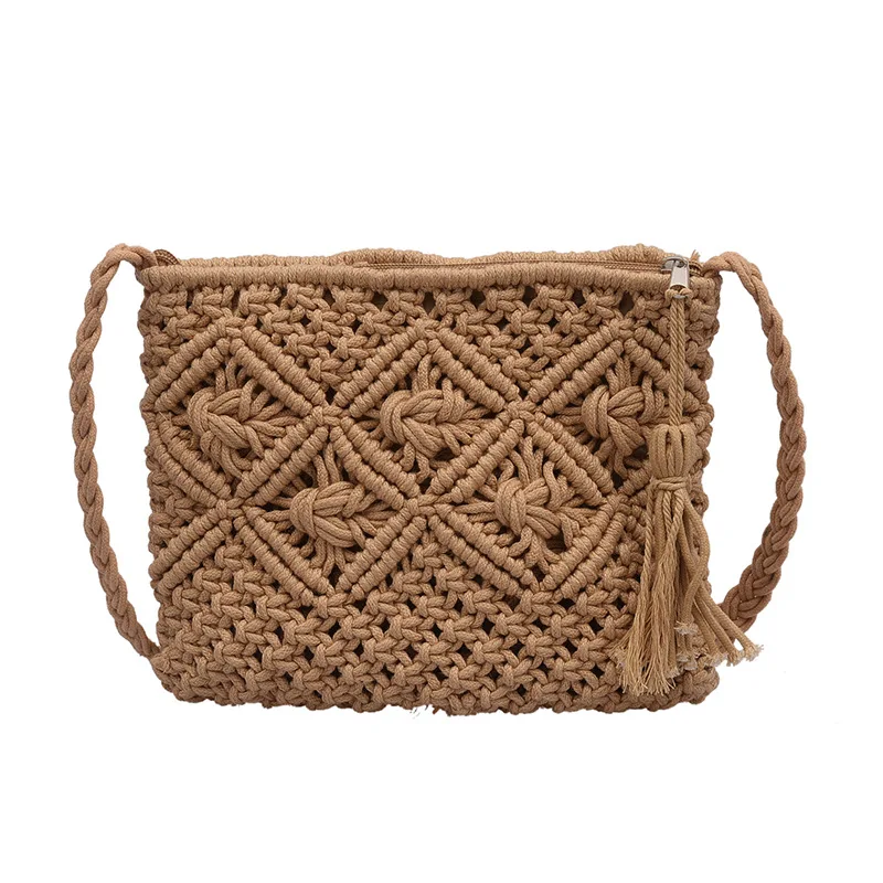 Stro Vrouwen Handtassen Eenvoudige Handgemaakte Touw Vintage Kwastjes Gehaakte Macrame Strandtassen Clutch Portemonnees En Handtassen Dames