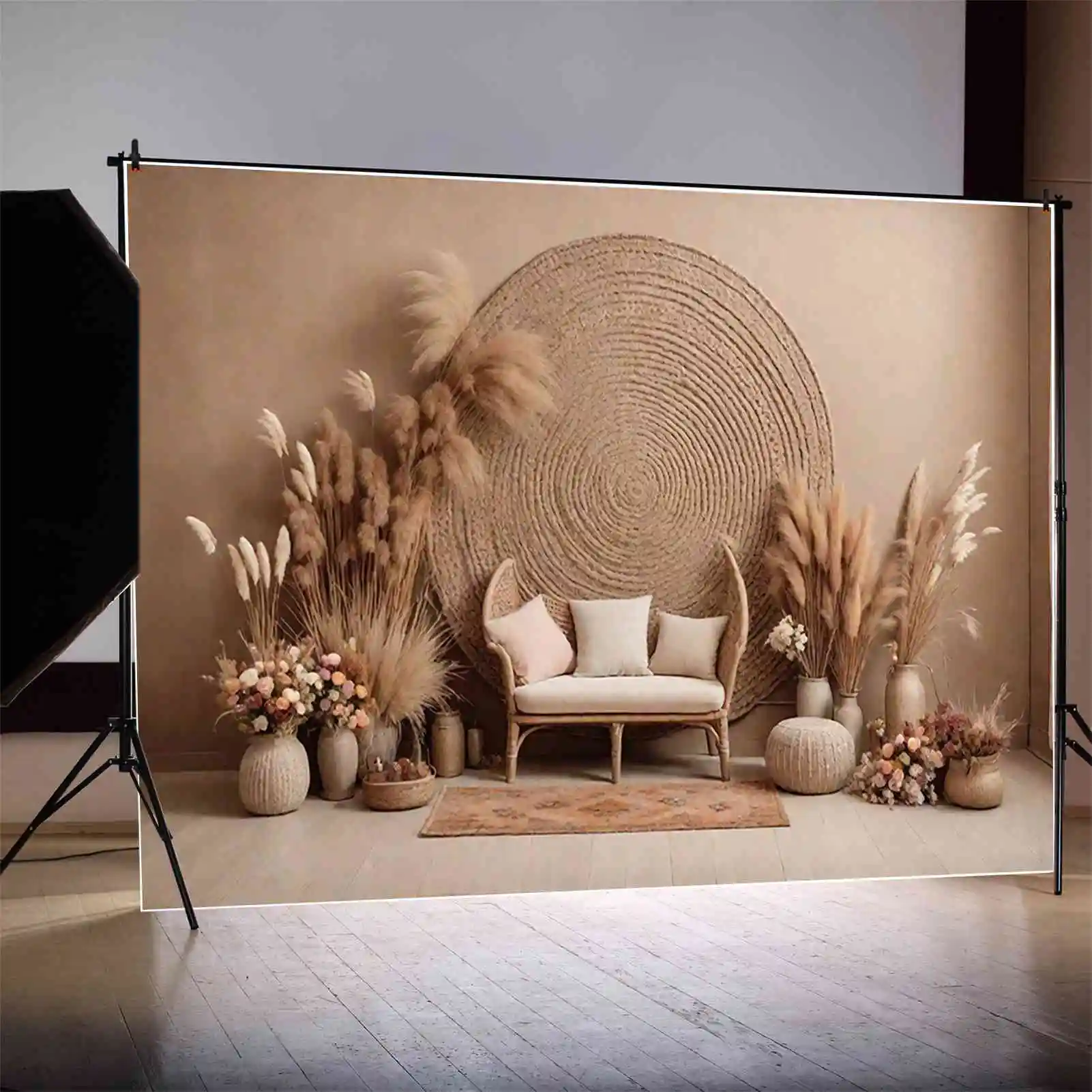 Mond. qg Böhmen Wand Hochzeit Hintergrund Mädchen Blumen trockenes Gras Vintage Hintergründe benutzer definierte Party Dekoration Photo zon Requisiten