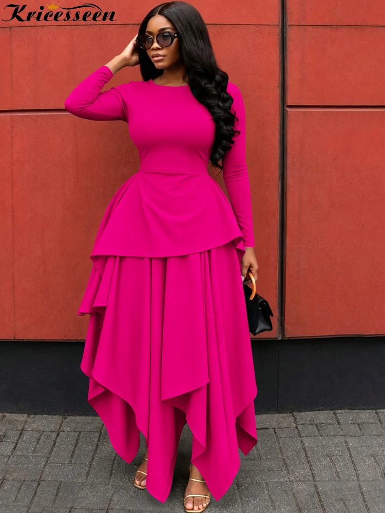 Kricesseen Elegant Layered Maxi Dress Women Long Sleeve O-Neck Layered Ruffle Asymmetrical Hem Long Dresses Evening Vestidos